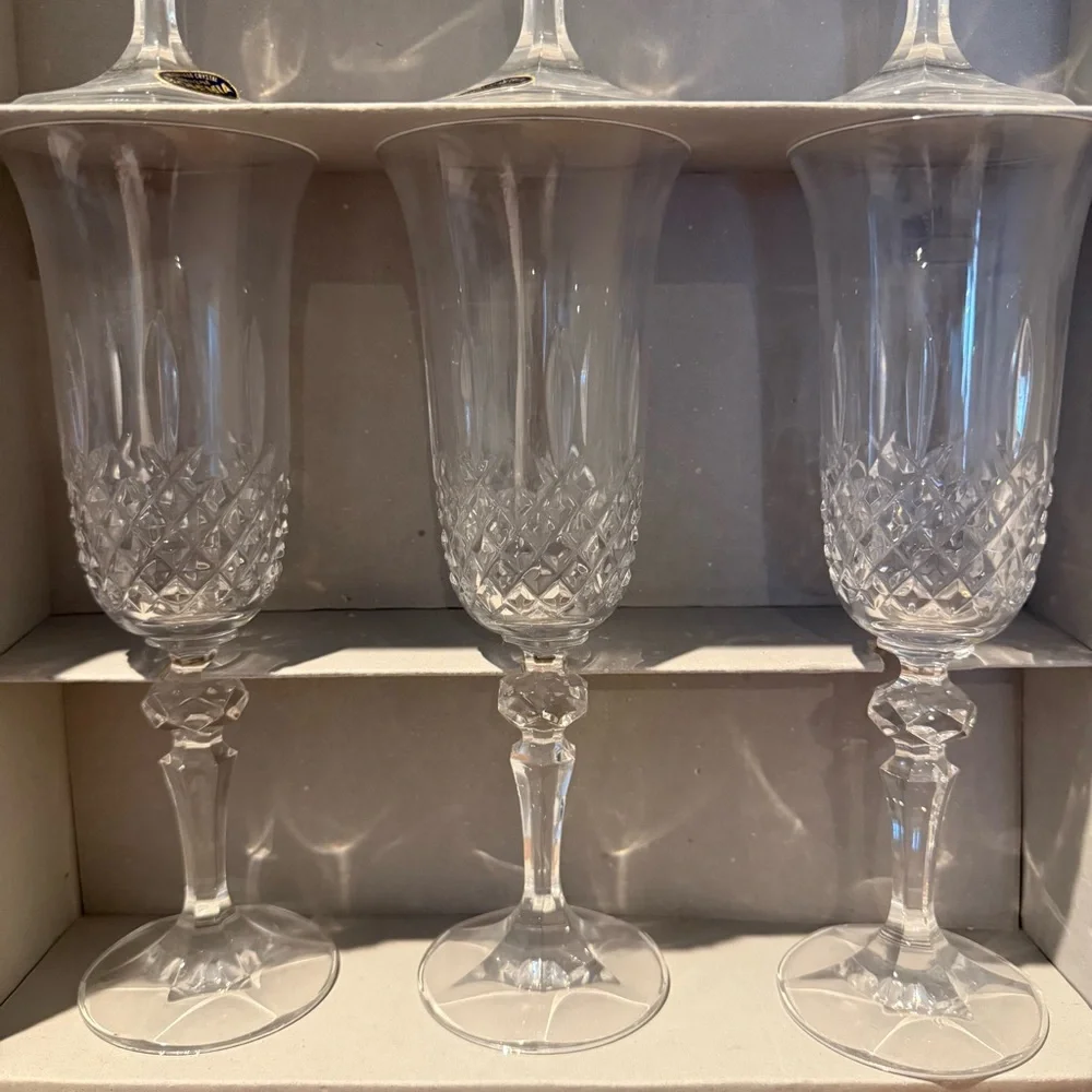 NIB Vintage Bohemia Crystal Czechoslovakia Champagne Flutes